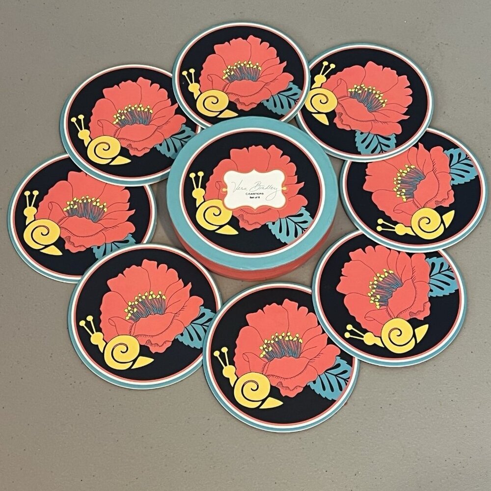 Vera Bradley Coasters Happy Snails Floral Set of 8 Kawaii Tropic Theme